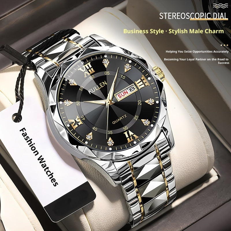 Quartz wristwatch with black dial, silver bracelet with gold links, day-date window at 3