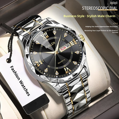 Quartz wristwatch with black dial, silver bracelet with gold links, day-date window at 3