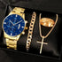 Quartz watch set with gold-tone watch, chain bracelet, gold cross pendant, and gold ring