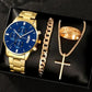Quartz watch set with gold-tone watch, chain bracelet, gold cross pendant, and gold ring