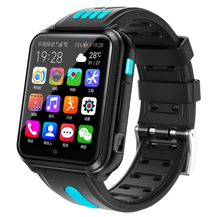 Children phone watch with black case, blue side button, and colorful app display