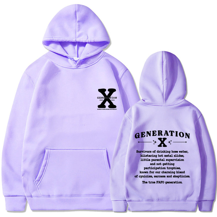 Light purple loose pullover hoodie with hood, kangaroo pocket, and front/back graphic.