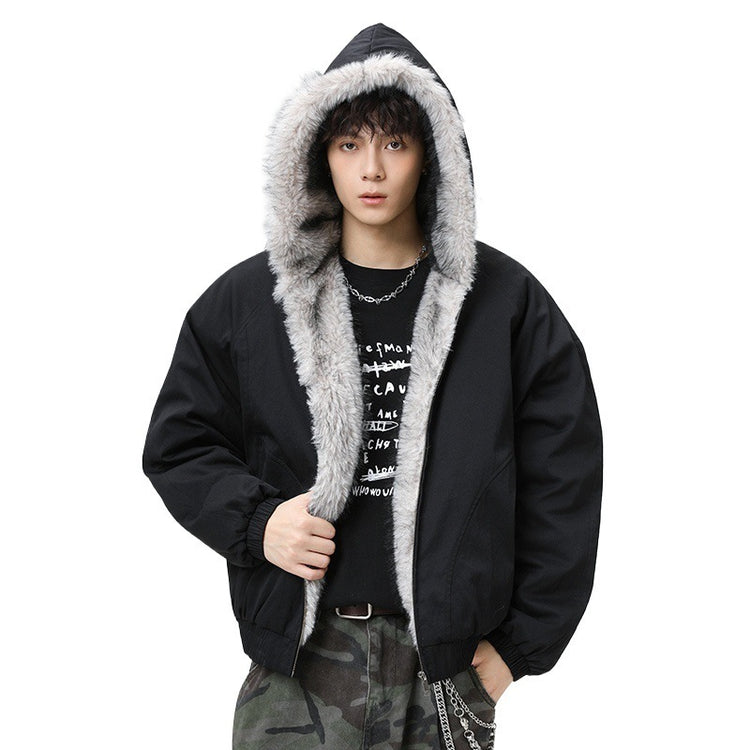 Black hooded padded jacket with fleece lining and faux fur collar trim