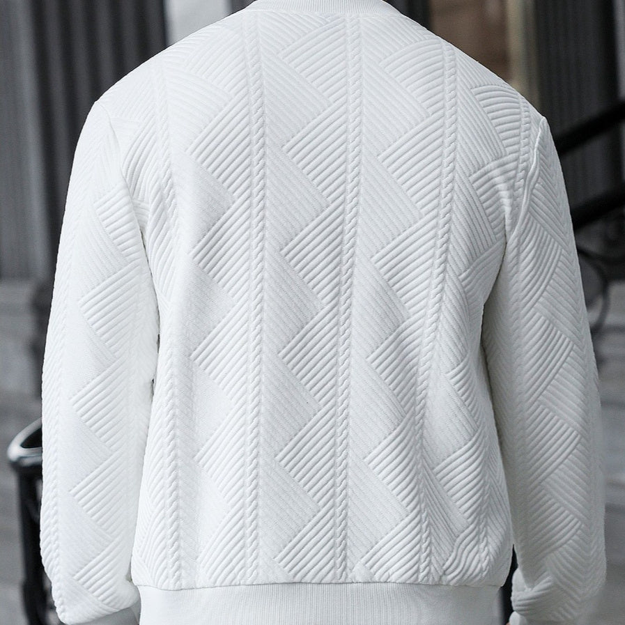 White textured coat back view with quilted rib pattern and ribbed hem