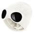 White knitted beanie with windproof eye shields, close-up