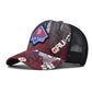 Graffiti baseball cap with red crown, black mesh sides, and embroidered New Cap patch