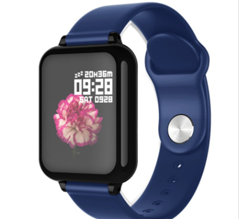 Blue smart sports watch with square screen and heart-themed graphic
