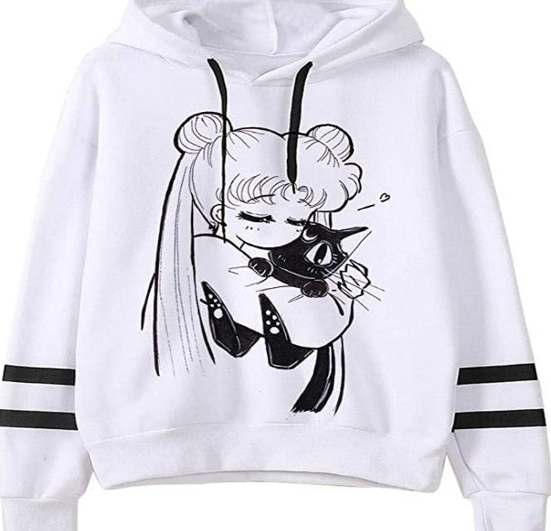 White fleece hoodie with cartoon catgirl and cat illustration on front; striped sleeves