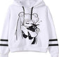 White fleece hoodie with cartoon catgirl and cat illustration on front; striped sleeves
