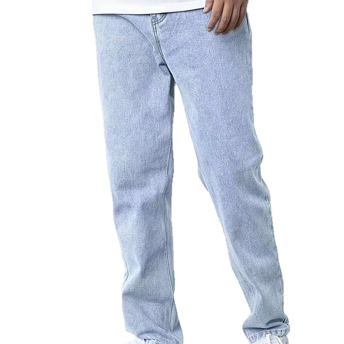 Light blue slim jeans on white background, tapered legs and button-fly