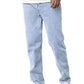 Light blue slim jeans on white background, tapered legs and button-fly