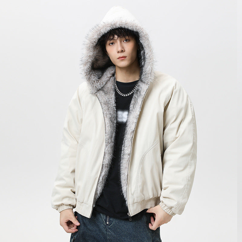 Cream cotton padded jacket with fleece-lined hood and faux fur trim