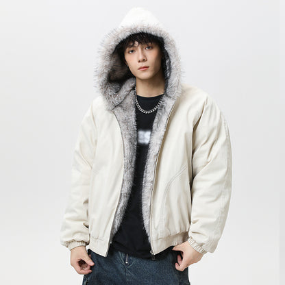 Cream cotton padded jacket with fleece-lined hood and faux fur trim