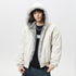 Cream cotton padded jacket with fleece-lined hood and faux fur trim