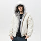 Cream cotton padded jacket with fleece-lined hood and faux fur trim