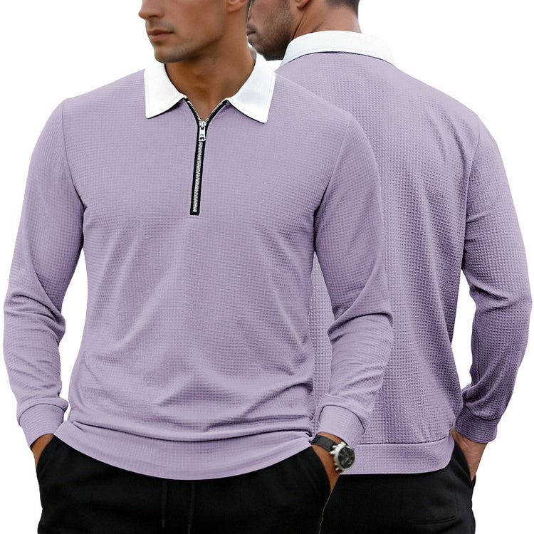 Violet waffle-knit zip-up shirt, long sleeves, white lapel collar, quarter zipper