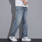 Light blue straight jeans, relaxed loose legs with front pockets and cuffed hem