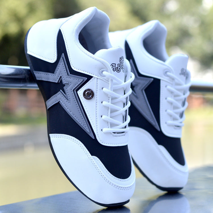 Leather waterproof sneakers in white and dark blue, star side panels, lace-up