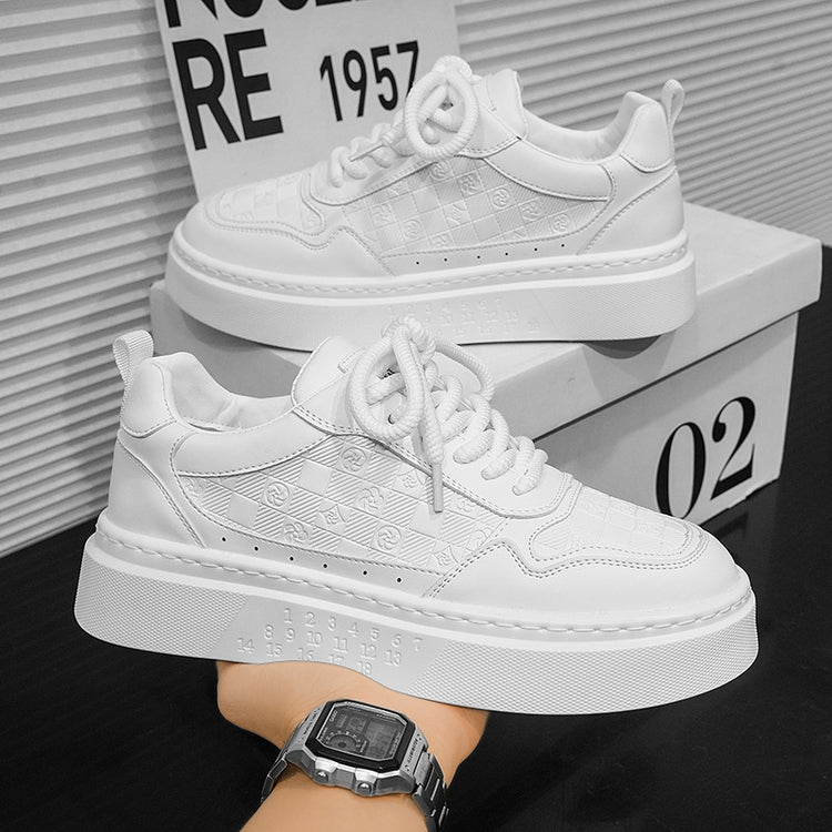 White height-increasing sneakers, lace-up design with textured paneling and cushioned collar