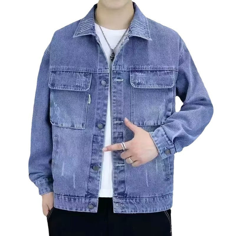 Men’s relaxed-fit casual denim jacket, blue, button-up with chest pockets and snap cuffs
