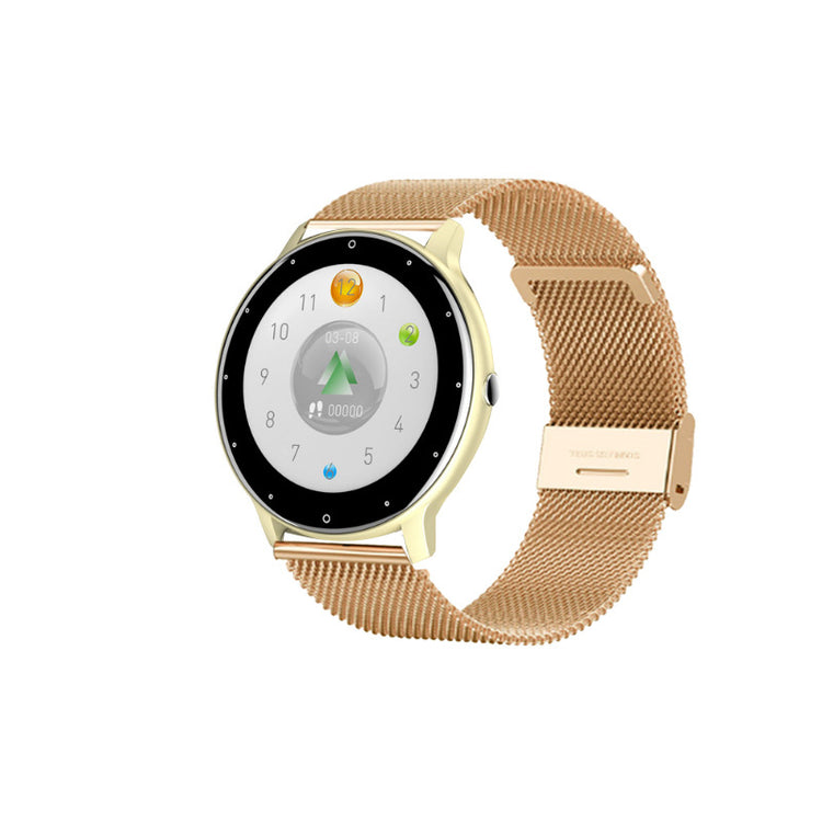 Smartwatch with gold mesh strap and black bezel