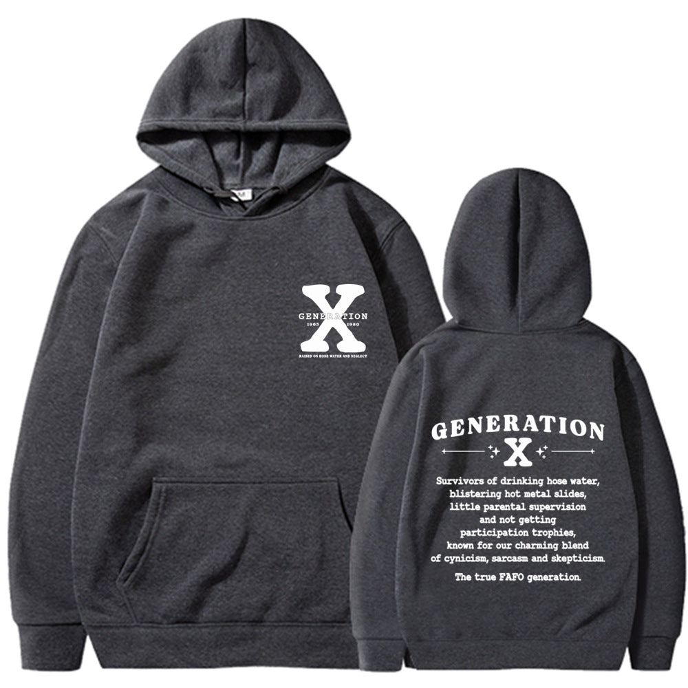 Loose hoodie in dark gray with hood, front pouch pocket, and chest/back graphic print.