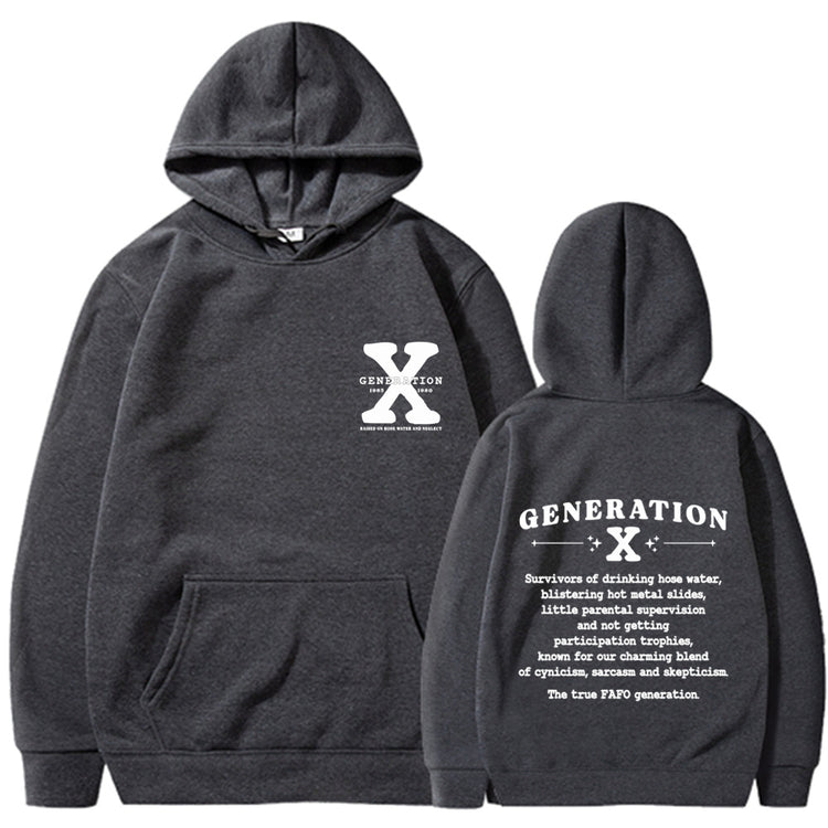 Loose hoodie in dark gray with hood, front pouch pocket, and chest/back graphic print.