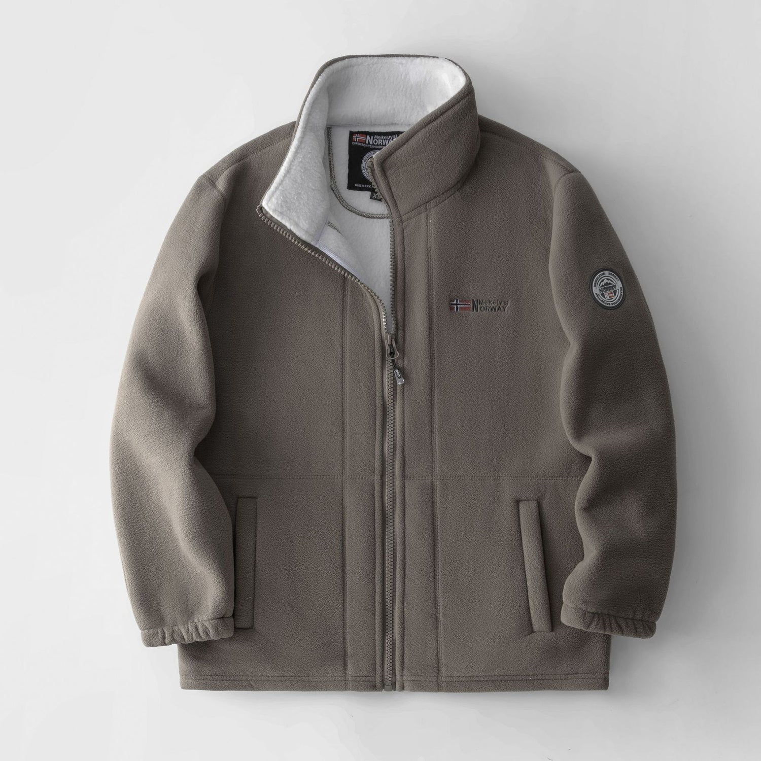 Fleece-lined polar fleece jacket, taupe with white lining and zip-front