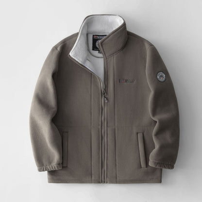 Fleece-lined polar fleece jacket, taupe with white lining and zip-front