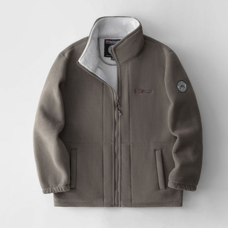Fleece-lined polar fleece jacket, taupe with white lining and zip-front