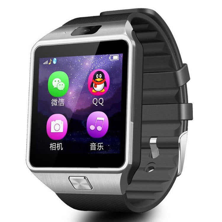 Smart watch with phone apps display, black case, dark gray/black textured strap