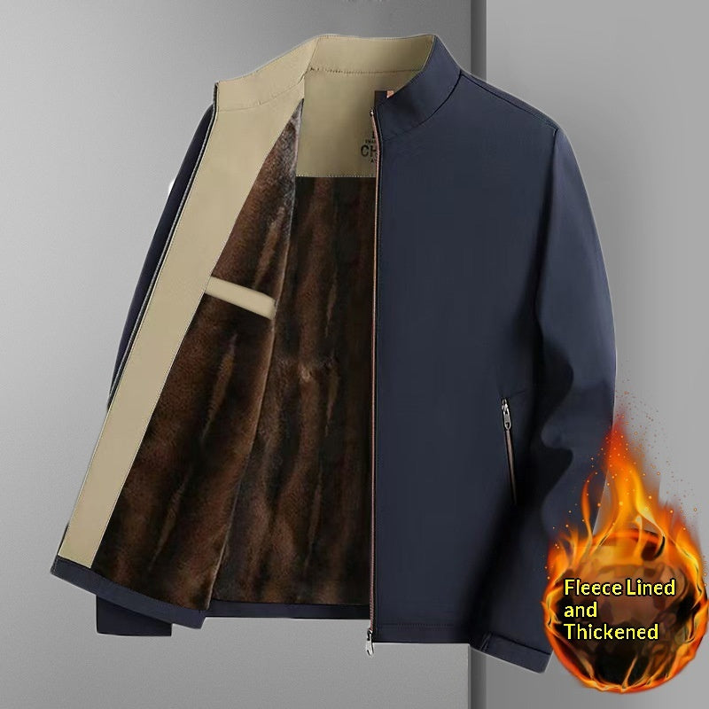Navy and khaki fleece-lined jacket with front zipper and brown velvet interior panel