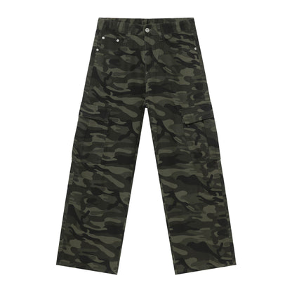 Camo cargo denim jeans, dark green print, with flap cargo pockets and button waist