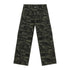 Camo cargo denim jeans, dark green print, with flap cargo pockets and button waist
