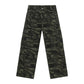Camo cargo denim jeans, dark green print, with flap cargo pockets and button waist
