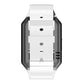 Smart watch rear view with mounting details, white strap and silver backplate