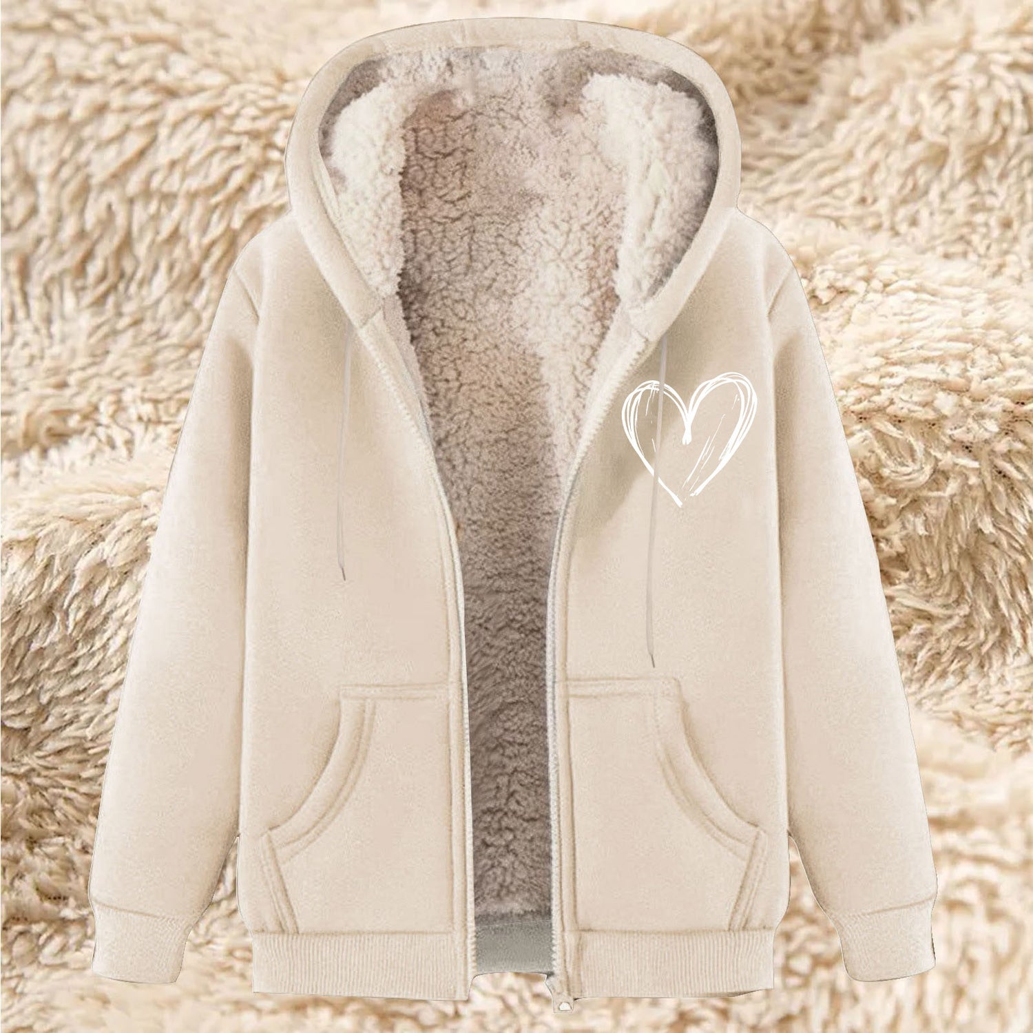 Thermal zip-up hoodie with hood, cream exterior, sherpa lining, front pockets, heart graphic