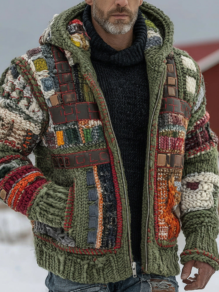 Green hooded fleece zip jacket close-up with patchwork knit chest and textured hood