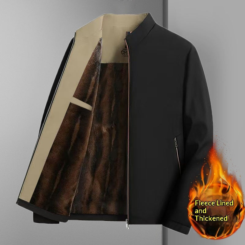 Black and khaki fleece-lined jacket with front zipper and brown velvet interior lining