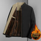 Black and khaki fleece-lined jacket with front zipper and brown velvet interior lining
