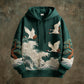 Green hoodie with drawstring hood and birds-and-waves graphic print
