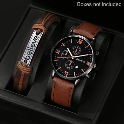 Quartz watch with brown leather strap and engraved tag bracelet accessory with Roman numerals