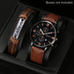 Quartz watch with brown leather strap and engraved tag bracelet accessory with Roman numerals