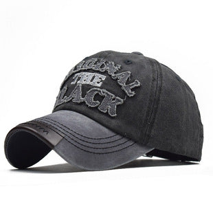 Distressed gray baseball cap with embroidered cheetah graphic on front panel, curved brim