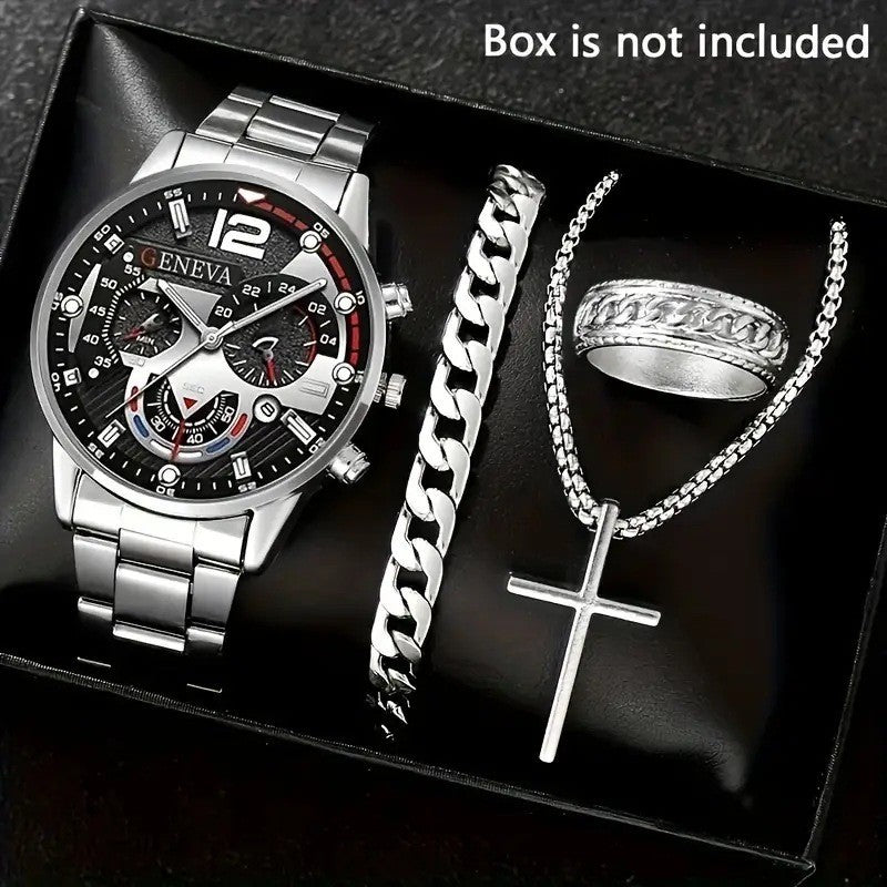 Quartz watch set with silver-tone watch, link bracelet, cross necklace, and silver ring