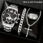 Quartz watch set with silver-tone watch, link bracelet, cross necklace, and silver ring