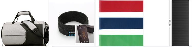 Black Bluetooth headband with rectangular control panel and included product card