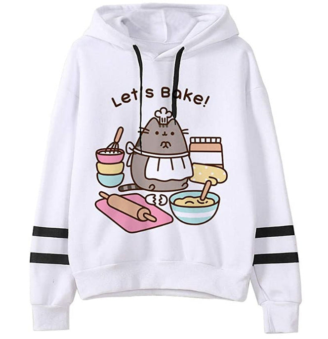 White fleece hoodie with cat grilling illustration and colorful text; striped sleeve cuffs