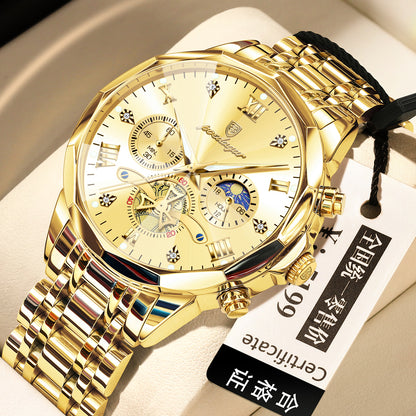 Men’s quartz watch with gold dial, gold bezel, and two-tone metal bracelet strap