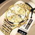 Men’s quartz watch with gold dial, gold bezel, and two-tone metal bracelet strap